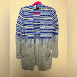 Talbots Lambswool Blend Blue & Gray Fair Isle Open Front Long Cardigan